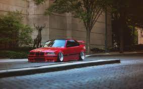 Red Coupe Car Bmw E36 Stance Tuning Lowered German Cars Street Trees Sculpture Bmw Yellow Headlights Hellaflush 720p Wallpaper Bmw Bmw E36 Bmw Red