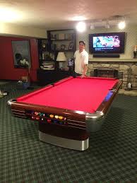 Restored Brunswick Anniversary Pool Table With Standard Drop Pockets Red Mahogany Sedona Red Mix Stain High Pool Table Room Golf Room Brunswick Pool Tables