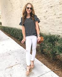 Black And White Striped Jeans Womens Ruffled Black White Stripe Shirt With White Jeans Fashion Spring Jeans Style Wedges Fashion And St White Stripes Shirt Womens Fashion White Jeans White Jeans