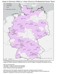 Cities with bundesliga teams map quiz. Simon Kuestenmacher On Twitter Map Shows The Areas Of Germany Where You Can Drive To A Professional Football Team Top 3 Leagues Within One Hour 62 Of Germans Have Quick Access To