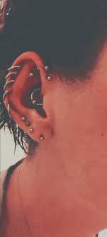Right Ear Done Now For The Healing Process Double Forward Helix Daith Quadruple Lobe Quintuple Helix And A Random Face Piercings Body Piercings Piercings