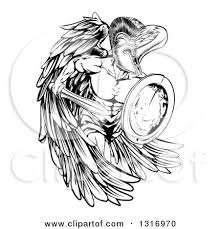 Download 26 trojan shield free vectors. Clipart Of A Black And White Spartan Trojan Warrior Angel Running With A Sword And Shield Royalty Free Vector Illustration By Atstockillustration 1316970