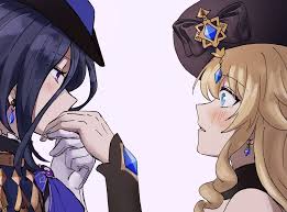 kaiyamon, clorinde (genshin impact), navia (genshin impact), genshin  impact, commentary, highres, 2girls, black hat, blonde hair, blush, drill  hair, drill sidelocks, earrings, from side, gloves, hand up, hat, jewelry,  kiss, kissing hand,