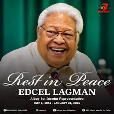 ALBAY 1ST DISTRICT CONGRESSMAN EDCEL LAGMAN MITALIWAN NA Mitaliwan na sa  edad nga 82 si Congressman Edcel Lagman sa 1st District sa Albay alas 5:01  sa hapon, Enero 30,2025 Mao kini ang