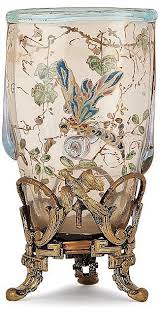 Auguste Jean Fin Du Xixe Petit Vase Ovoide Meplat En Verre Transparent A Decor Emaille Polychrome De Libellules Et Papillons Sur Fond D Bronze Glass Art Art