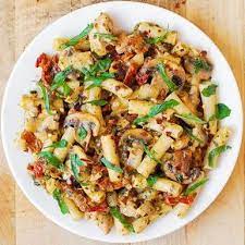 Pesto Chicken Pasta With Mushrooms Recipe Main Dishes With Olive Oil Chicken Thighs Dried Tomatoes Red Pepper Flake Pesto Chicken Pasta Pasta Dishes Recipes