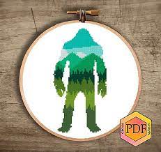 Counted cross stitch pattern bigfoot, dark green forest silhouette crossstitch, sasquatch hand embroidery, tree pattern, modern cross stitch. Bigfoot Silhouette Modern Cross Stitch Pattern Sasquatch Etsy Modern Cross Stitch Patterns Modern Cross Stitch Cross Stitch