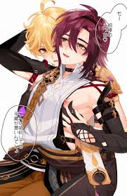 pinchi, aether (genshin impact), shikanoin heizou, genshin impact,  absurdres, highres, 2boys, ahoge, armor, blonde hair, brown pants, green  eyes, headband, hug, hug from behind, japanese armor, japanese clothes,  looking at viewer, male