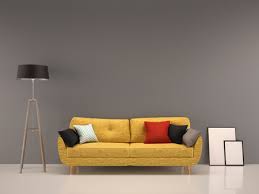 Yellow living room furniture : Living Room Gray Wall With Yellow Sofa Interior Background Royalty Free Images Photos And Pictures