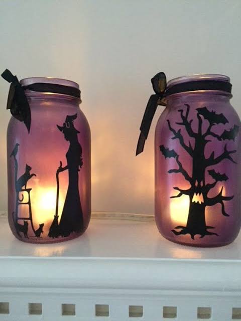 Halloween Mason Jar Decor, Witch or Tree Silhouette, Flickering Tealight - Etsy