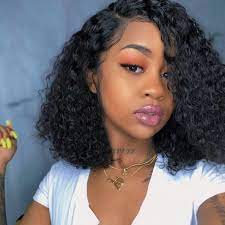 Brazilian Hair Black Color Curly 12 Inch Fashion 360 Lace Frontal Wigs Curly Bob Wigs Human Hair Wigs Curly Hair Styles Naturally