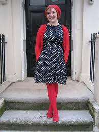 Black And White Polka Dot Dress With Black Tights Black And White Polka Dots Red Tights Colored Tights Outfit Red Tights White Tights