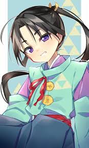 leeannpippisum, houjou tokiyuki (nige jouzu no wakagimi), nige jouzu no  wakagimi, commentary request, highres, 1boy, black hair, blush, border,  child, japanese clothes, kimono, long hair, looking at viewer, male focus,  purple eyes,