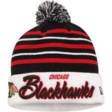 Mens Chicago Blackhawks New Era Black White Snow Stripe Cuffed Knit Hat Chicago Blackhawks Blackhawks Knitted Hats