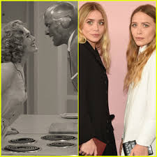 Elizabeth Olsen Reacts To Jimmy Kimmel S Olsen Twins Wandavision Theory Ashley Olsen Elizabeth Olsen Mary Kate Olsen Wandavision Just Jared