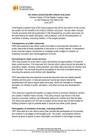 The brain drain of health care workers. Position Paper Philippine Tax Reform Should Benefit Children And Youth Child Rights Coalition Asia