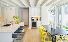 brown dining table with yellow dining