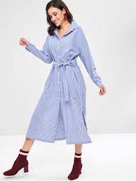 Seulement $16.99 livraison gratuite plus de 45€! 31 Off 2021 Zaful Robe Chemise Longue Rayee Ceintuee Fendue Dans Bleu Ciel Zaful France