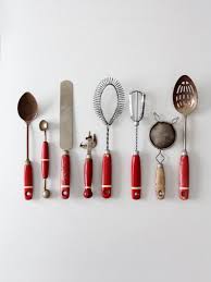 vintage kitchen utensil collection, red