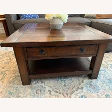 Benchwright grand wood coffee table with drawers, rustic mahogany, 60l. Pottery Barn Benchwright Square Coffee Table Aptdeco
