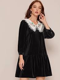 Peter Pan Collar Ruffle Hem Velvet Dress Shein Uk Velvet Dress Peter Pan Dress Peter Pan Collar Dress