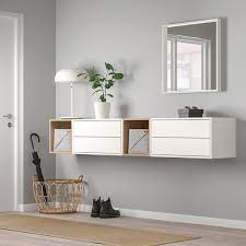 Ikea kitchen wall cabinets are hung on a rail system. Eket Wall Mounted Cabinet Combination White White Stained Oak Effect Ikea Ikea Wall Cabinets Ikea Eket Ikea Living Room