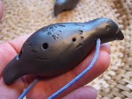 Clay Bird Ocarina 4 Hole One Octave Scale Hand Built Pit Fire Look Silver Luster Blackware Unique Animal Totem Musical Instrument Look
