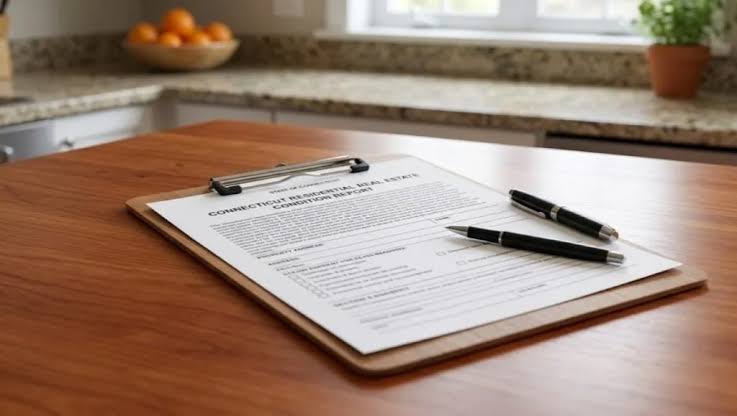 Organized paperwork and disclosures on a kitchen table with warm lighting