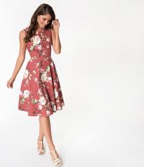 Vintage Style Mauve Light Pink Floral Print Cotton Swing Dress With Images Cotton Swing Dress Light Pink Floral Dress Vintage Fashion