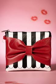 Black And White Striped Purse With Red Bow Lola Ramona 50s Minnie Bow Clutch With Black And White Stripes Black White Clutches Bow Clutch Minnie Bow