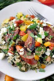One Pot Mediterranean Turkey Sausage And Rice Recipe Turkey Sausage Recipes Mediterranean Recipes Turkey Kielbasa Recipes