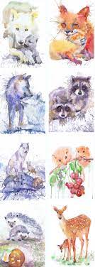 Atc Set Of 9 Signed Art Watercolor Artist Trading Cards Prints Painting Aceo Woodland Animals Baby Giclee Collect Animal Art Watercolor Artists Watercolor Art