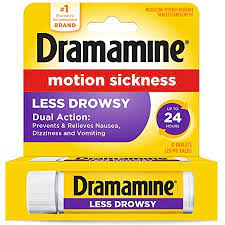 Dimenhydrinate also known as dramamine works better for dizziness, nausea, motion sickness. Amazon Com Dramamine Motion Sickness Less Drowsy Travel Vial 8 Count Health Personal Care