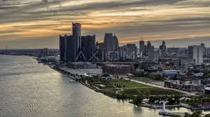 Free stock photo uploaded by isorepublic under cc0 license. The Gm Renaissance Center And The City S Skyline Seen From River At Sunset Downtown Detroit Michigan Aerial Stock Photo Dxp002 197 0005 Axiom Images