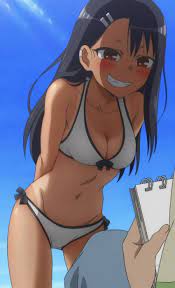 1boy 1girls 774 (nanashi) beach bikini black hair blue background  blush breasts brown eyes cleavage clothed clothing earrings hayase nagatoro  long hair naoto hachioji (senpai) navel please don't bully