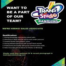 Kami membuat perjalanan ke trans studio bandung mudah, alasan itu lah yang membuat jutaan 930 pengguna, termasuk pengguna di kota bandung, percaya kepada moovit sebagai app transportasi umum terbaik. Lowongan Kerja Sales Associate Trans Studio Bandung