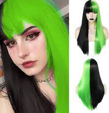 Amazon.com: ANOGOL Hair Cap+Green And Black Wig With Bangs Half Wig For  Cosplay Wig, Straight Wig Black And Green Wig Split Color Wig For Women,  Green Black Wig For Halloween Costume Cosplay