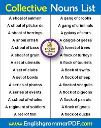 Most collective nouns in everyday speech are not specific to one kind of thing, such as the word group, which can be applied to people (a group of people) or dogs (a group of dogs) or other things. The List Of Collective Nouns 300 Collective Nouns For Animals Things And Birds English Grammar Pdf
