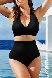 Big N Bold Solid Black High Waisted Halter Bikini Swimsuit High Waisted Bathing Suits Two Piece Swimwear Swimwear