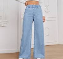Clashe Palazzo JEANS Women Elastic Waistband Casual Plus Size S-10XL Denim  Pants Wanita Solid Color Celana Baggy Jeans
