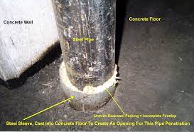 Architect suggests 4 inch duct open both ends under new concrete floor and steel flexi pipe with yellow plastic sleeve. Sleeve Construction Wikipedia