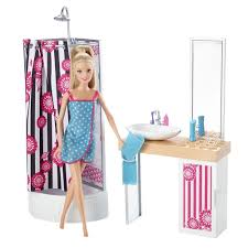 Cabine De Douche Avec Rideau Ravissant Lavabo Miroir Tablette Porte Serviette Et Petits Accessoires Design De Salle De Bain Maison De Poupee Barbie Barbie