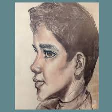 Vintage 1969 21 1/2 x 17 1/4 Oil Pastel Drawing of a Boy by