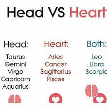 If you can both adapt to the others style then this is a relationship which will improve steadily over time, and eventually rival any other match. Head Vs Heart Head Heart Both Aries Cancer Leo Libra Taurus Gemini Virgo Capricorn Aquarius Sagittarius Scorpic Pisces Head Meme On Me Me