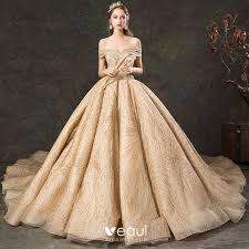 Maybe you would like to learn more about one of these? Luxus Herrlich Gold Brautkleider Hochzeitskleider 2019 Ballkleid Off Shoulder Kurze Armel Ruckenfreies Perlenstickerei Glanz Tulle Kathedrale