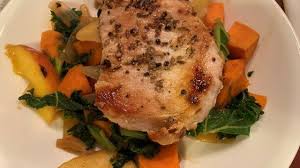 Apple Kale And Sweet Potato Cook With Fennel Rubbed Pork Chops In This Easy All In One Skillet Dinner Apple Pork Chops Pork Chops Pork