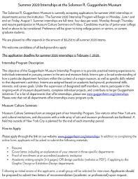 May 05, 2019 · breaking into the art industry can be difficult, but a good cover letter can help you land a coveted internship in the field. Magner Career Center On Twitter The Guggenheim Museum Is Accepting Applications For Their Summer 2020 Internship Please Take A Look At The Attached Flier For More Information The Deadline To Apply Is