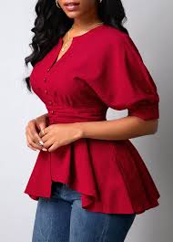 Peplum Waist Wine Red Button Detail Blouse With Images Blouse Red Blouses Fashion Classy
