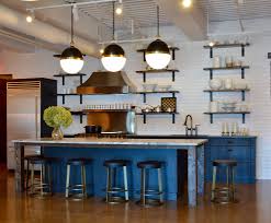 industrial kitchen with blue cabinets