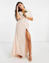 New asos petite khaki frill cape sleeve midi dress party prom wedding look uk 6. Asos Design Petite Bridesmaid Kurzarmliges Maxikleid Mit Wasserfallausschnitt Und Knopfverschluss Hinten Asos